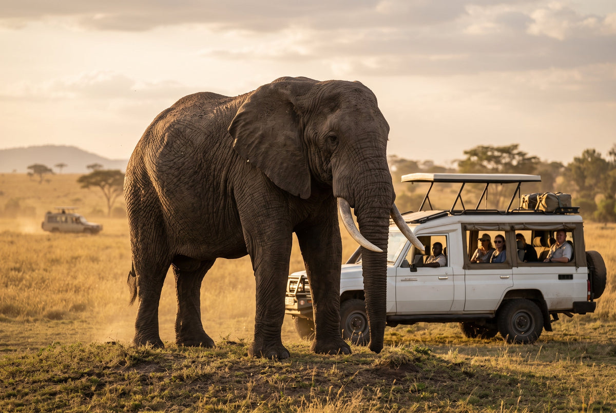 African bush elephant bull (Loxodonta africana) standing calm on open savanna, taller than the nearby bush line