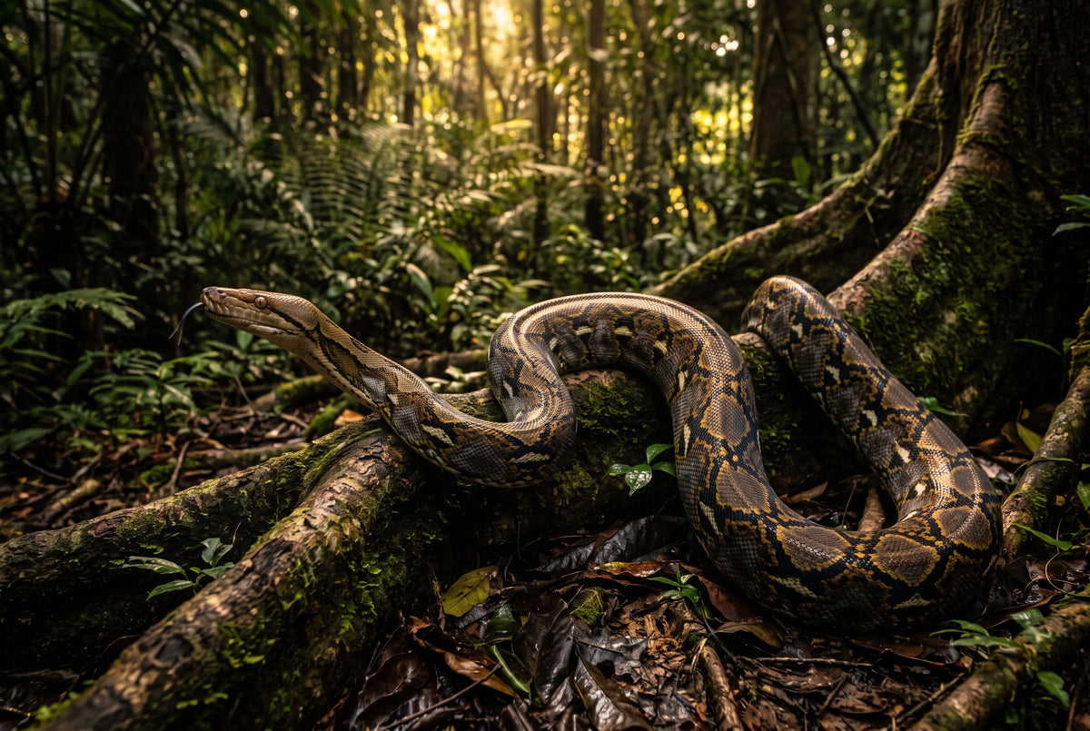 A reticulated python flowing in a long S-curve across mossy roots in a Southeast Asian rainforest