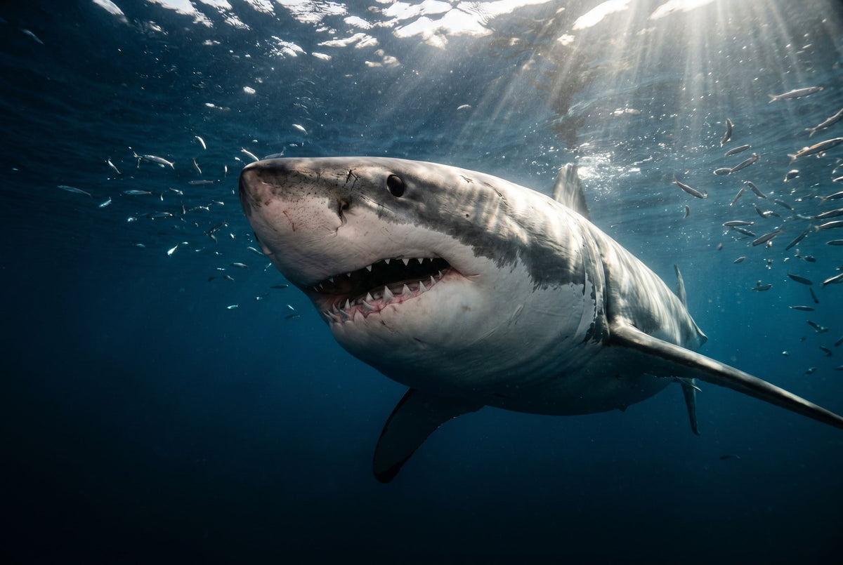 A great white shark (Carcharodon carcharias) rising out of deep blue water toward the camera, sunlight breaking the surface