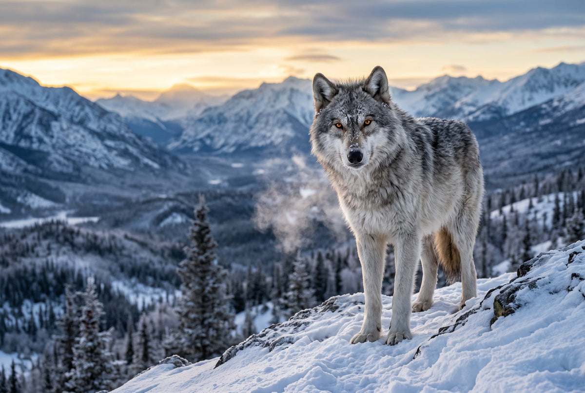 Grey wolf (Canis lupus) on a snow-covered ridge above a vast mountain valley at dusk, amber eyes fixed ahead