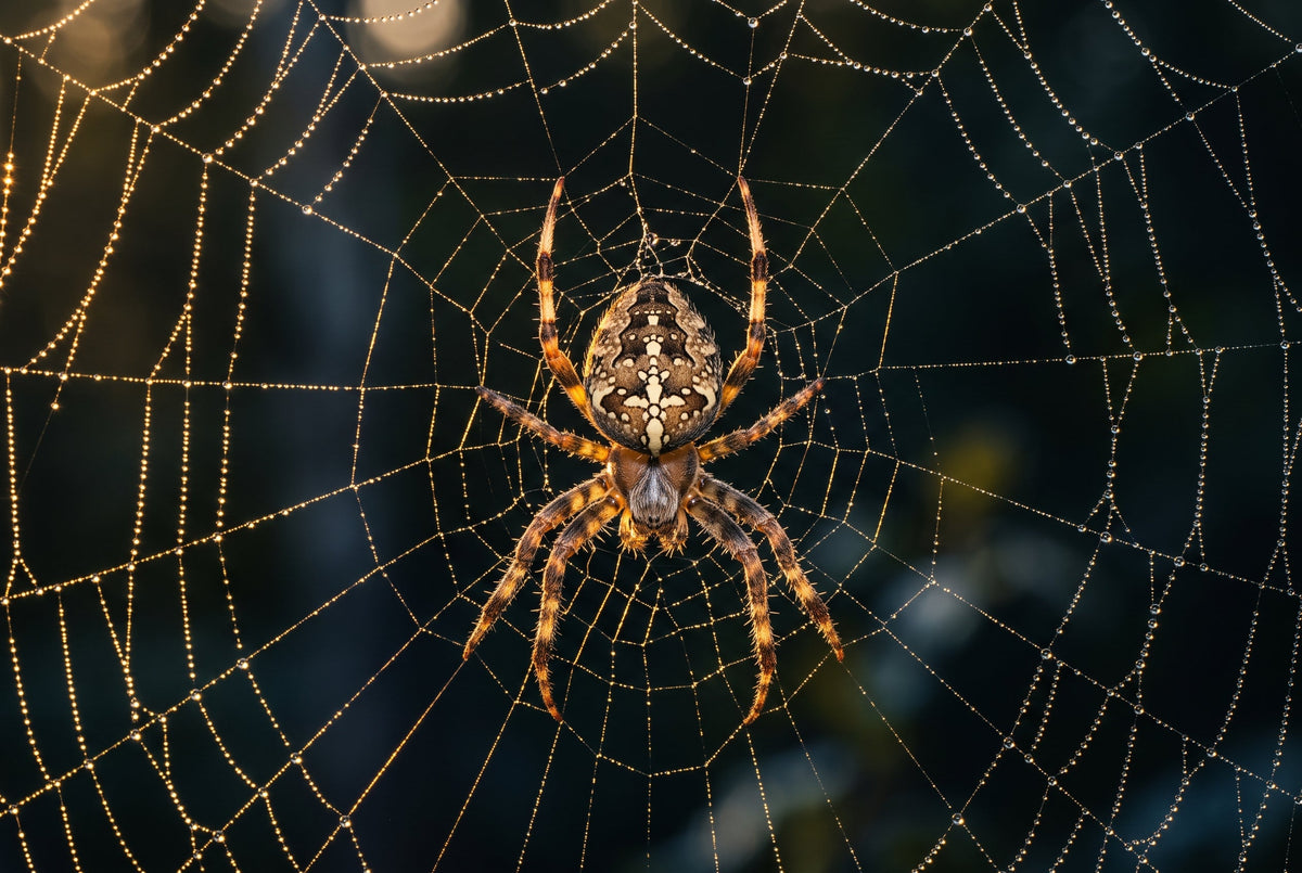 European garden spider (Araneus diadematus) at the centre of its dew-beaded orb web at sunrise, cream cross on its abdomen