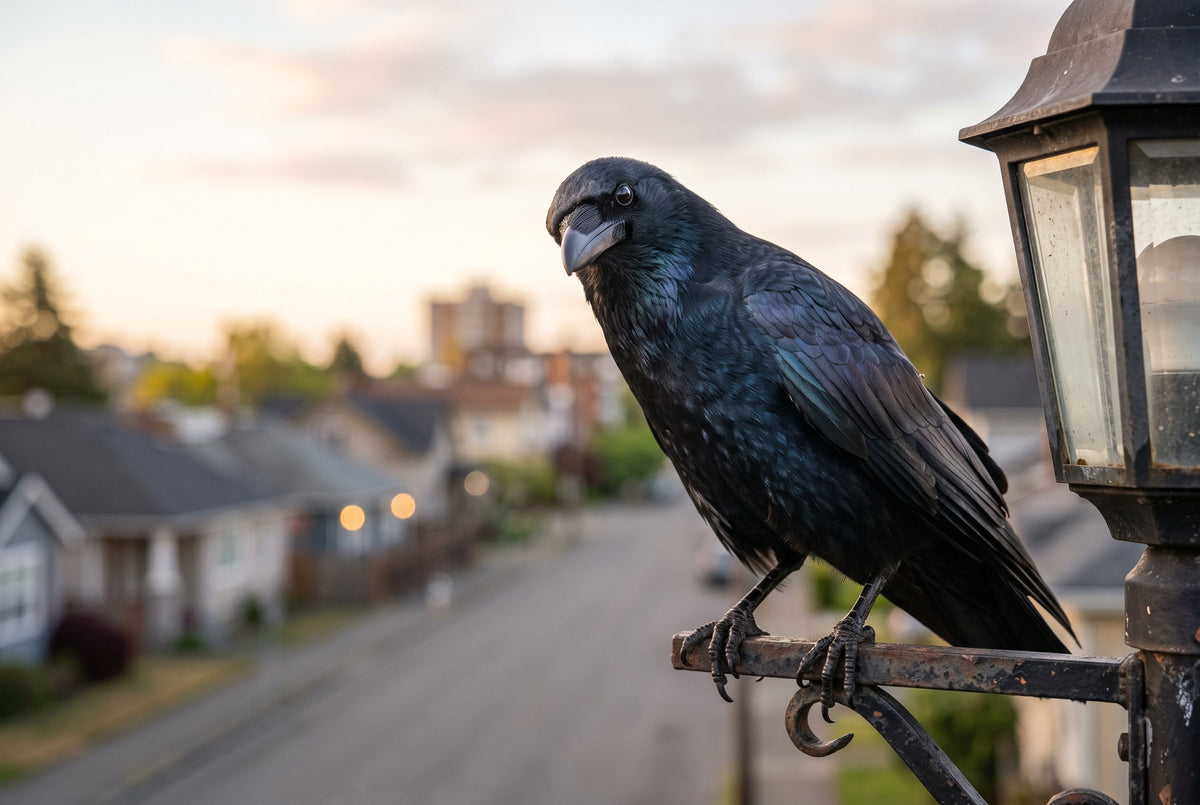 An American crow perched beside a street lantern at golden hour, blue and violet sheen crossing its black feathers