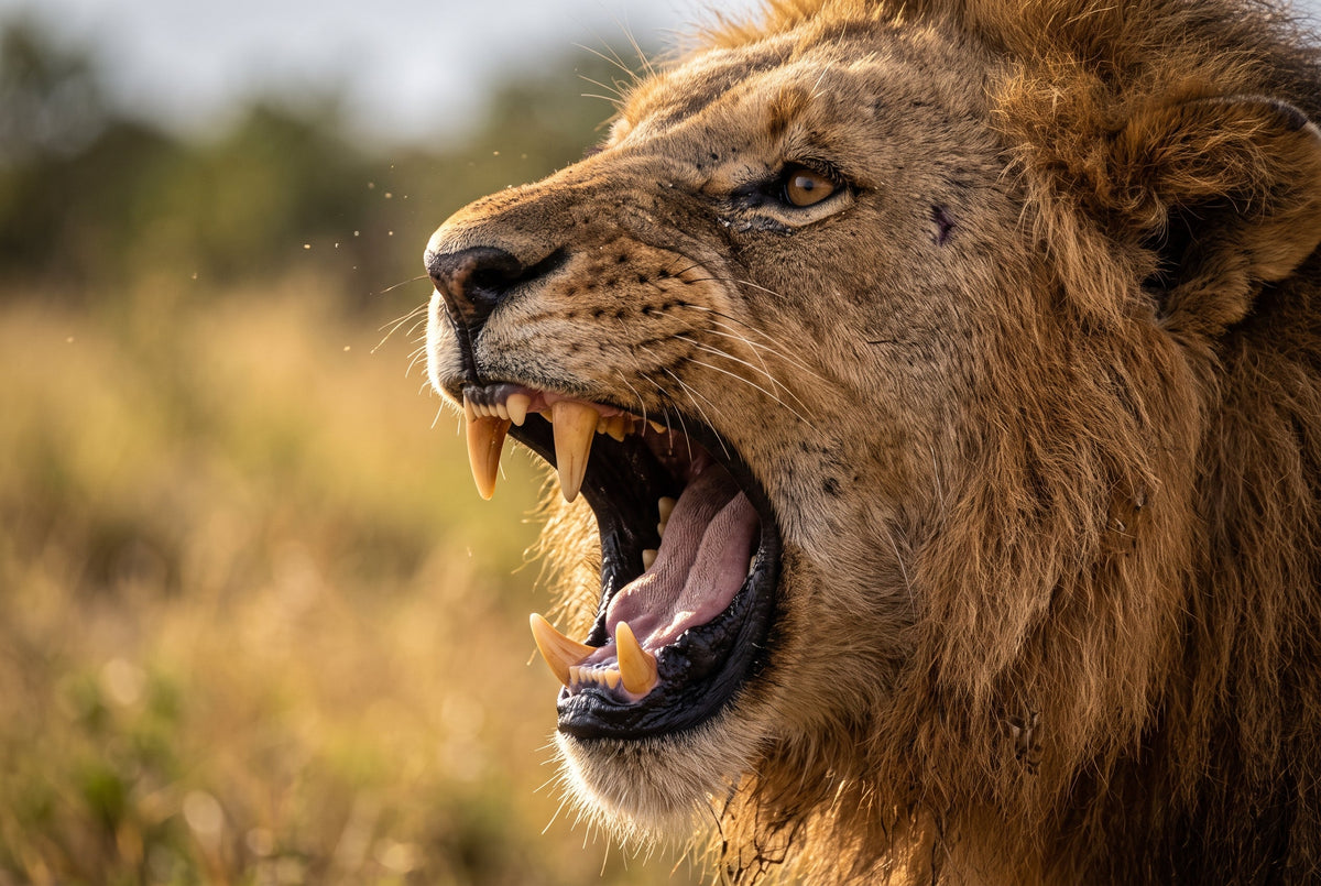 Extreme close-up of a male lion's open mouth mid-roar, the canine teeth longer than a human finger