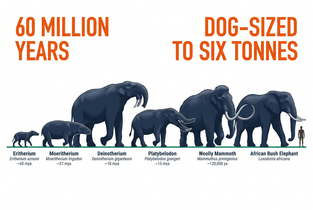 Lineage line-up of early proboscideans at one shared scale, from dog-sized Eritherium to modern elephants