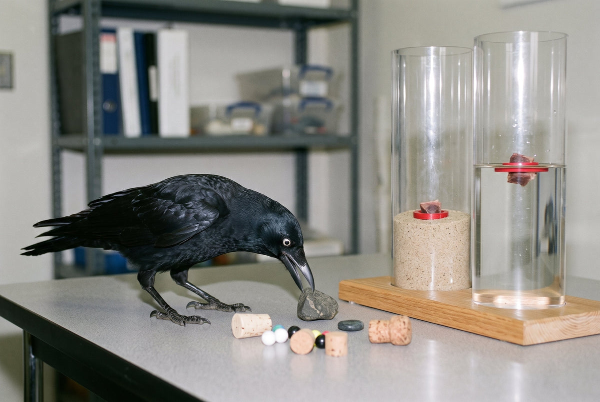 A New Caledonian crow selecting a heavy stone beside two cylinders of sand and water with meat rewards at different heights
