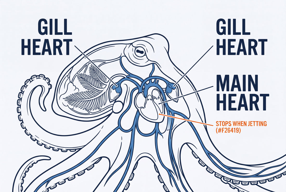 Cutaway diagram of an octopus's circulatory system, labelling the two gill hearts and the main heart at the centre