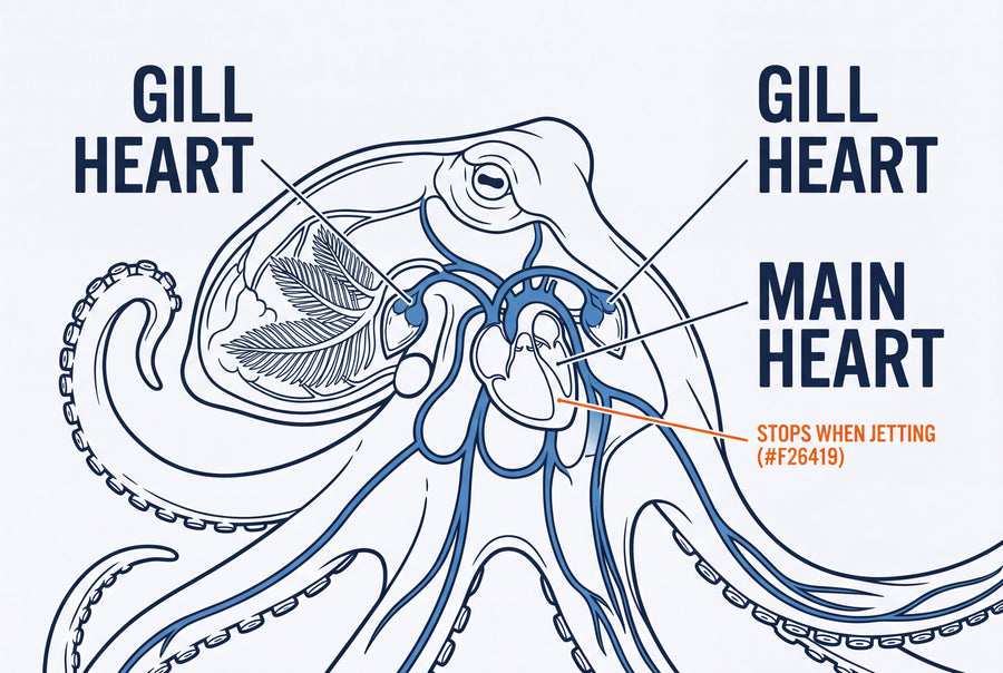 Cutaway diagram of an octopus's circulatory system, labelling the two gill hearts and the main heart at the centre