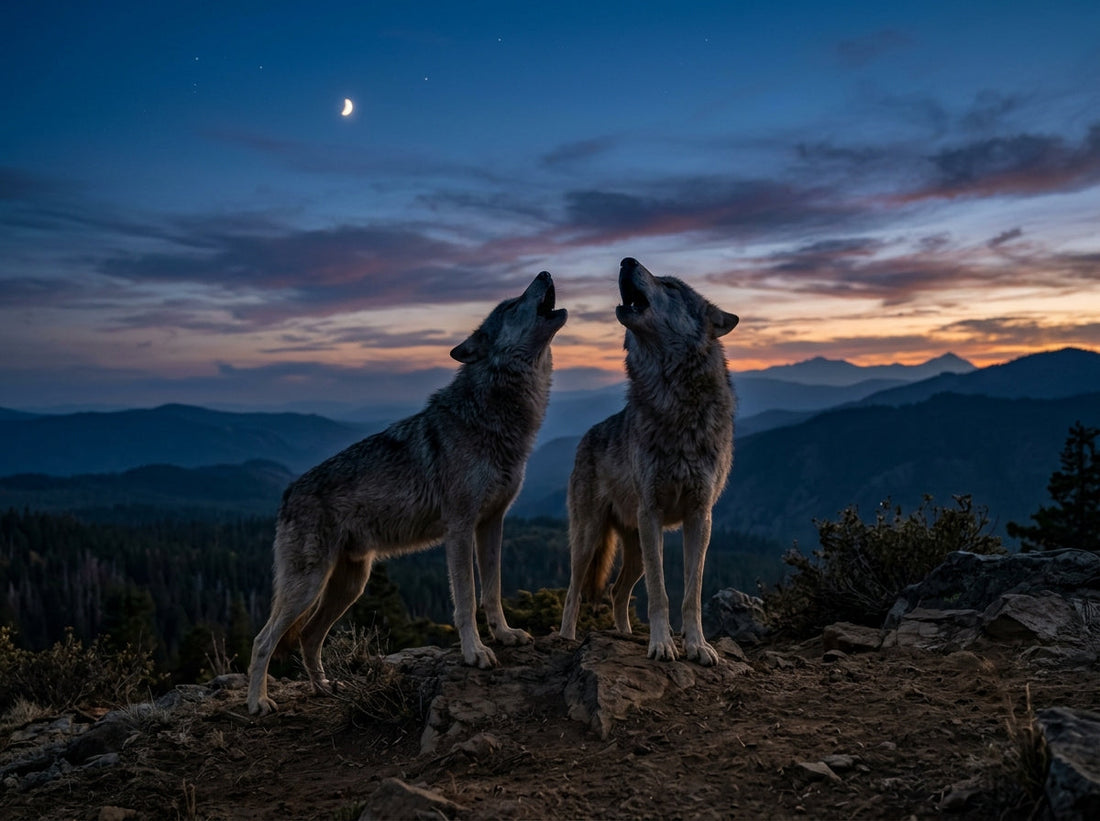 Breeding pair of wolves howling together on a moonlit ridge at dusk, voices rising above a darkening valley