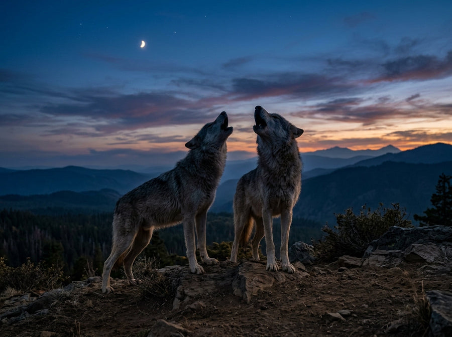 Breeding pair of wolves howling together on a moonlit ridge at dusk, voices rising above a darkening valley