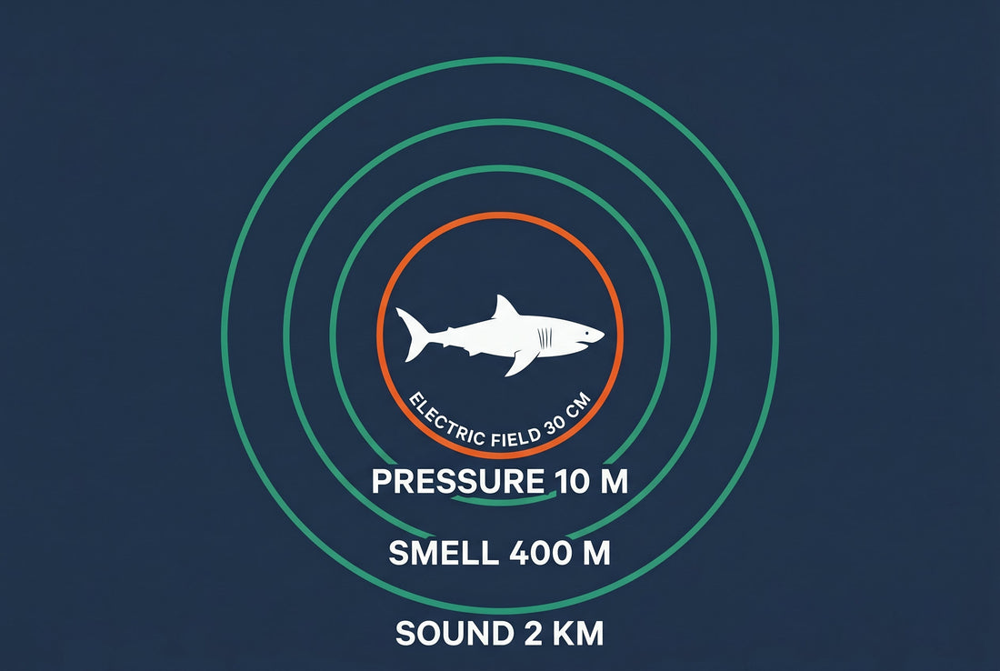 Shark sense ranges: sound two kilometres, smell four hundred metres, pressure ten metres, electric field thirty centimetres