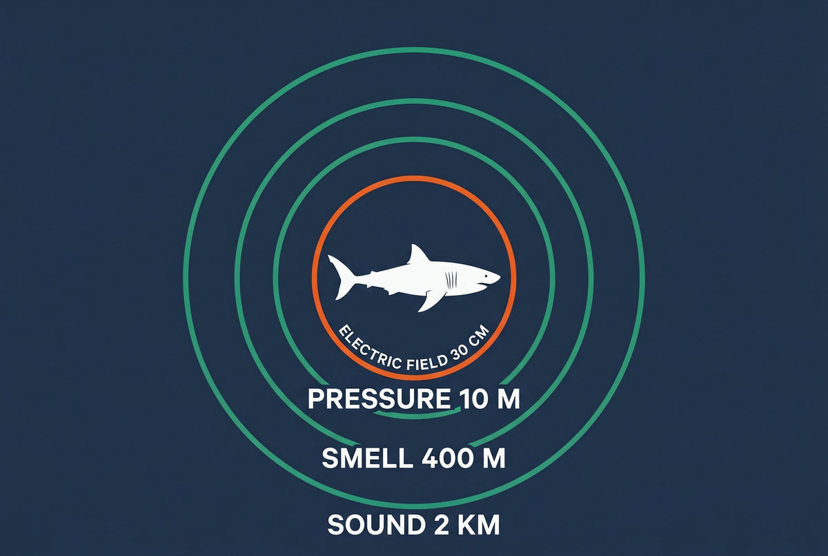 Shark sense ranges: sound two kilometres, smell four hundred metres, pressure ten metres, electric field thirty centimetres