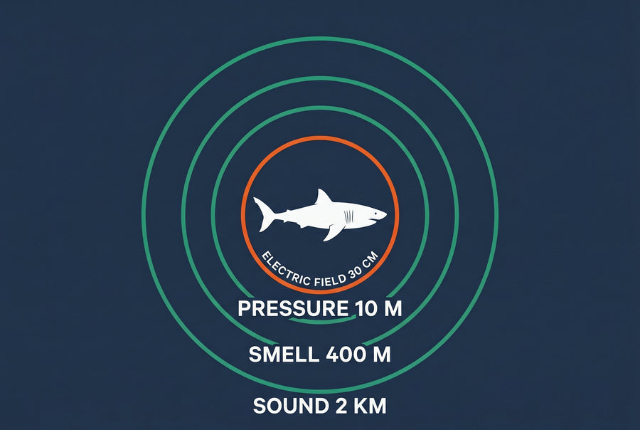 Shark sense ranges: sound two kilometres, smell four hundred metres, pressure ten metres, electric field thirty centimetres