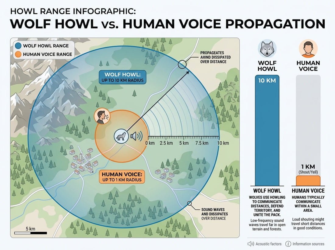 Infographic comparing the range of a wolf howl across open terrain against a human shout under the same conditions