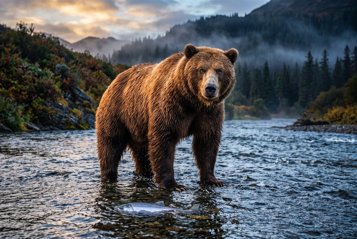 Brown bear standing in a misty mountain river at first light, a salmon at its feet