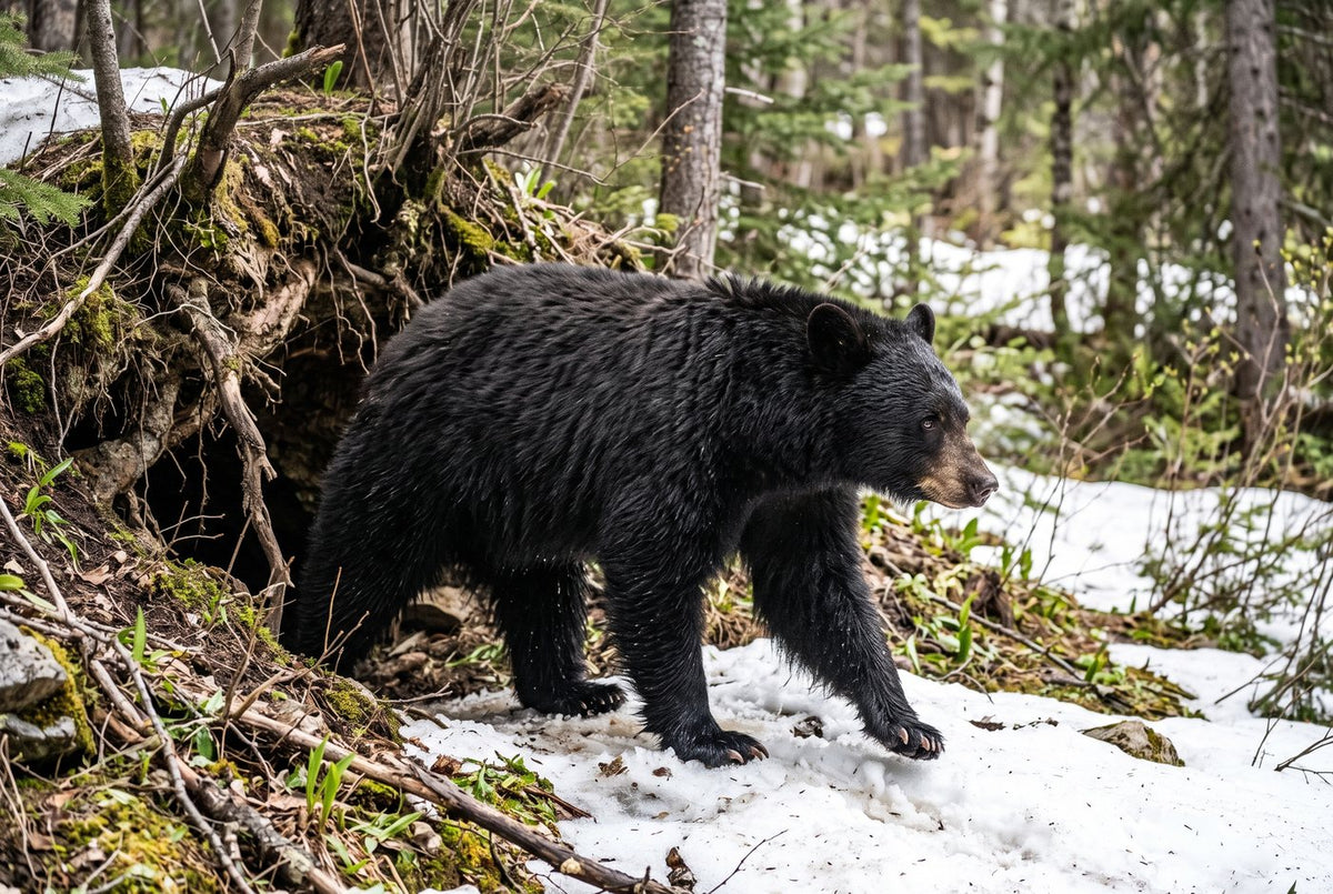 American black bear stepping out of a hillside den onto patchy spring snow