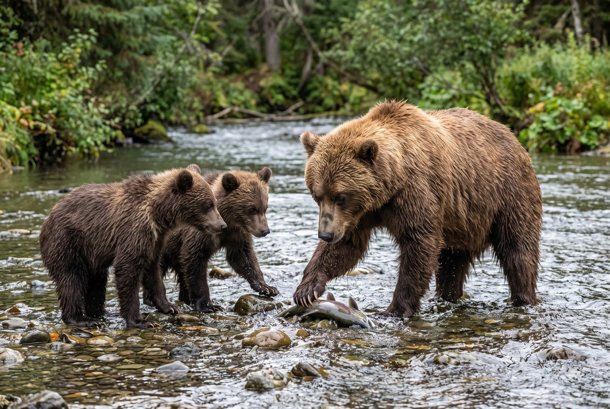 Brown bear mother pinning a salmon in a shallow stream as two cubs watch closely