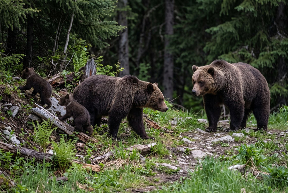 Brown bear mother facing an adult male while her two cubs climb a wooded slope