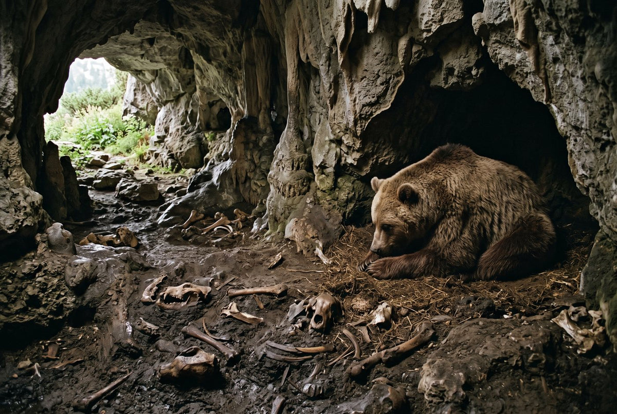 Cave bear curled on straw in a limestone cavern littered with bear skulls and bones