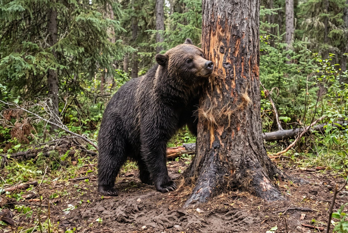 Brown bear rubbing its cheek on a scarred tree, tufts of its hair caught in the bark