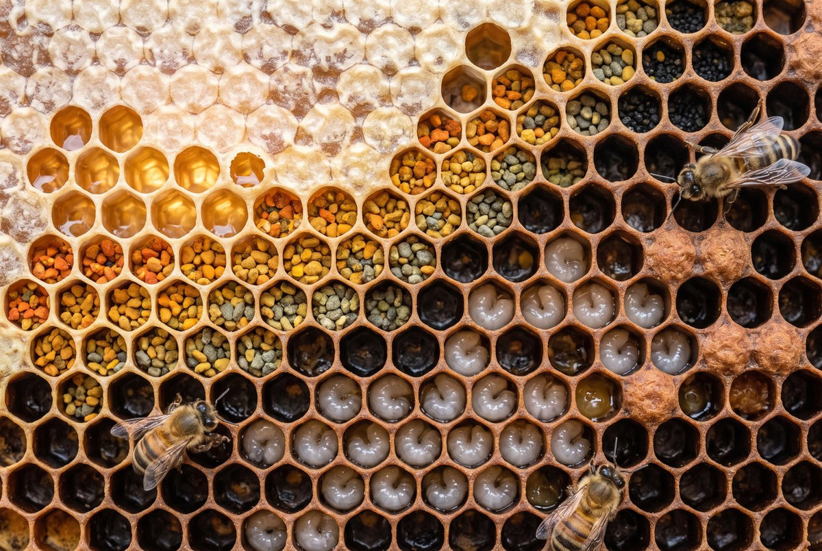 Honeybee comb packed with multicoloured pollen, capped honey and rows of curled white larvae