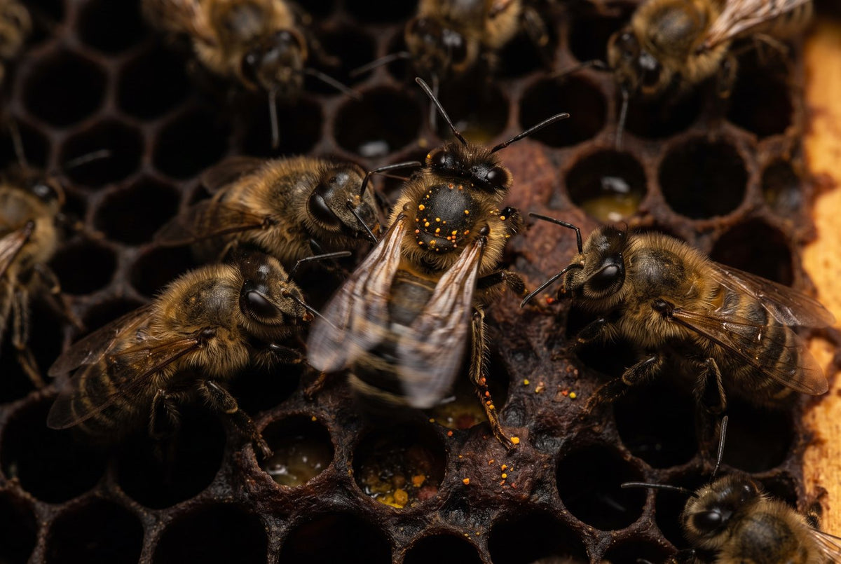 Honeybee blurred mid-waggle on dark comb while nestmates press close to follow her