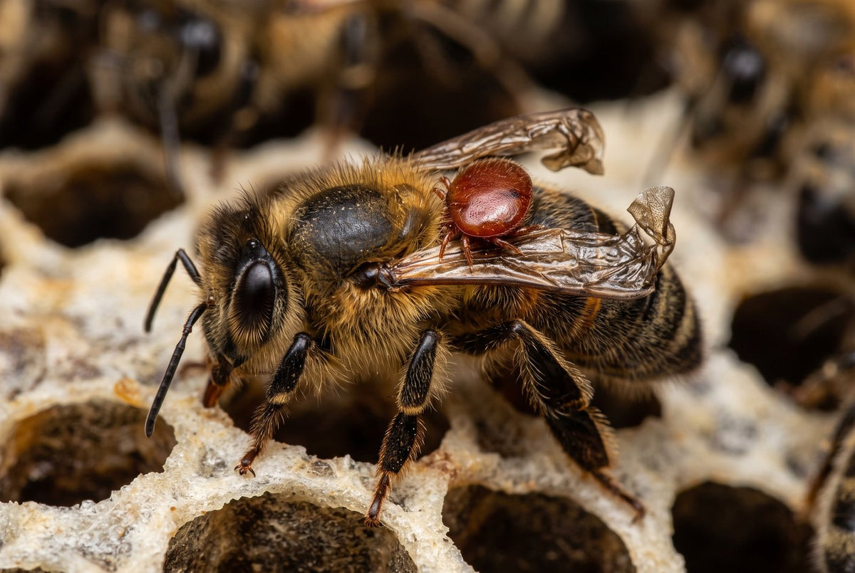 Red Varroa mite clamped to a western honeybee worker's thorax, her wings crumpled, on brood comb