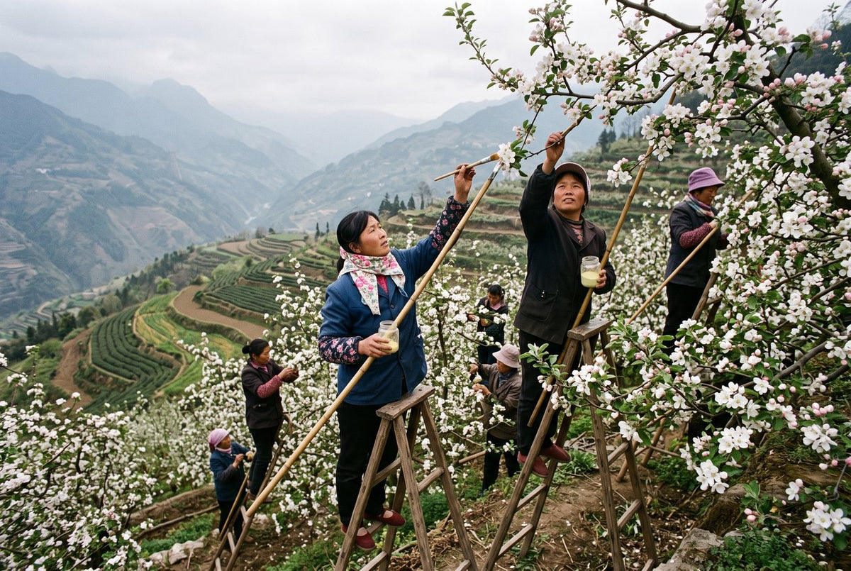Farmers on wooden ladders brushing pollen onto apple blossom across a terraced Sichuan orchard