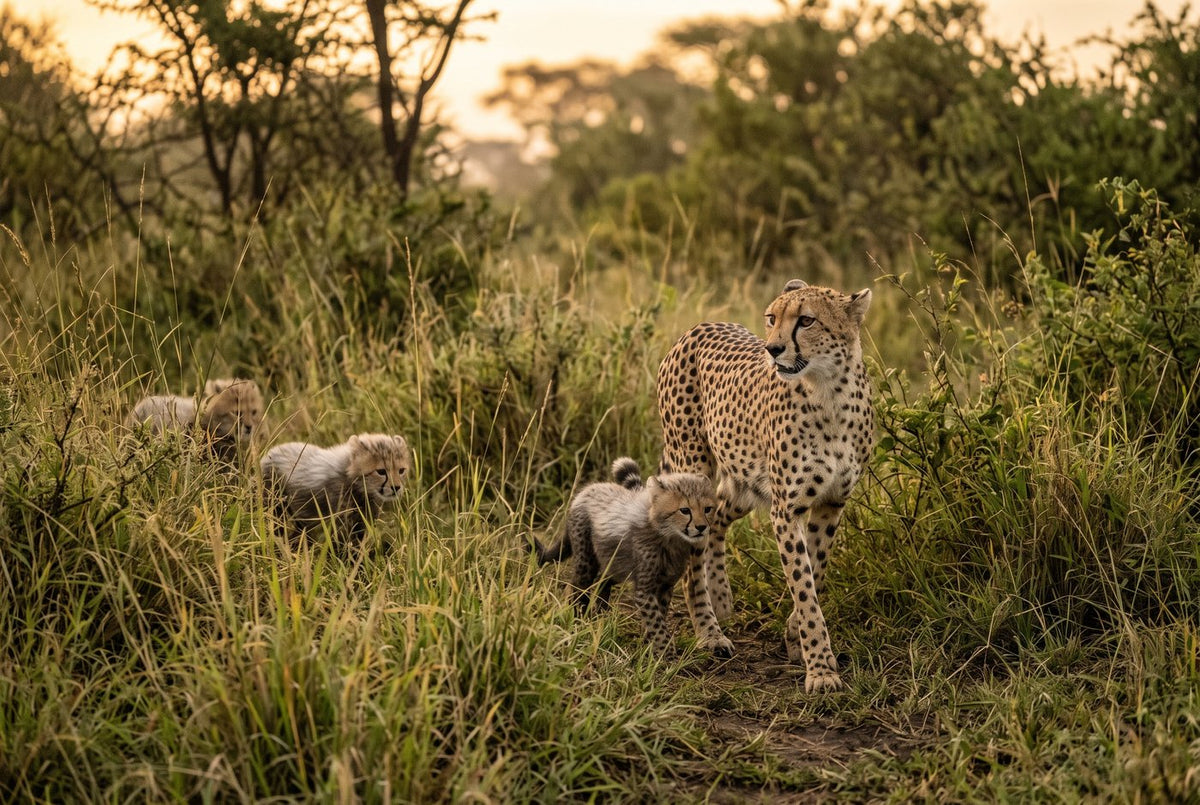 Female cheetah leading three small grey-mantled cubs along a dawn path through tall grass