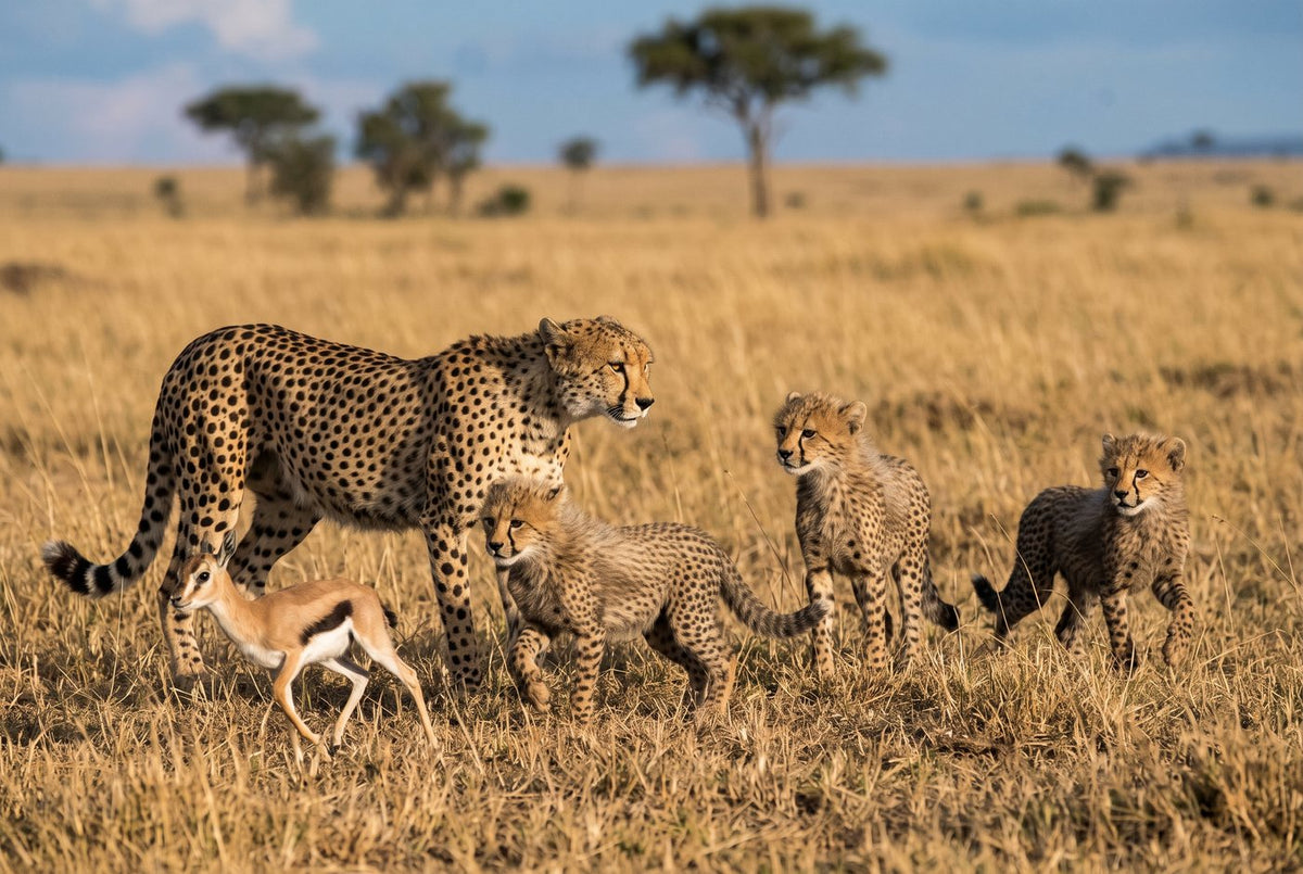 Mother cheetah with three older cubs and a young Thomson's gazelle in golden savanna grass