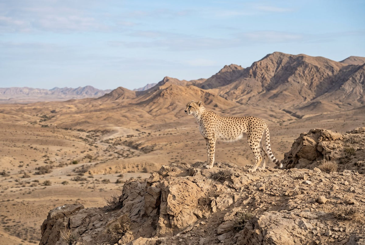 Pale Asiatic cheetah standing on a rocky rise above dry ochre desert mountains