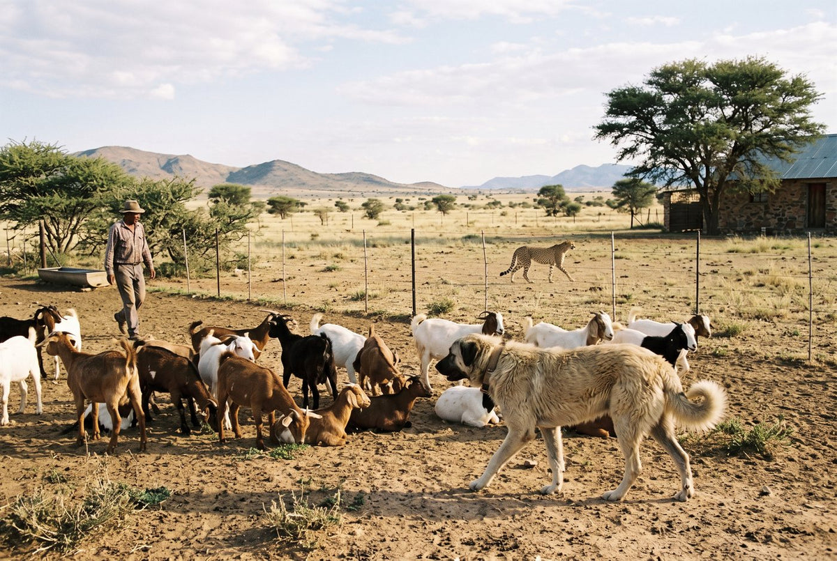 Anatolian shepherd dog walking among goats as a cheetah passes beyond a farm fence