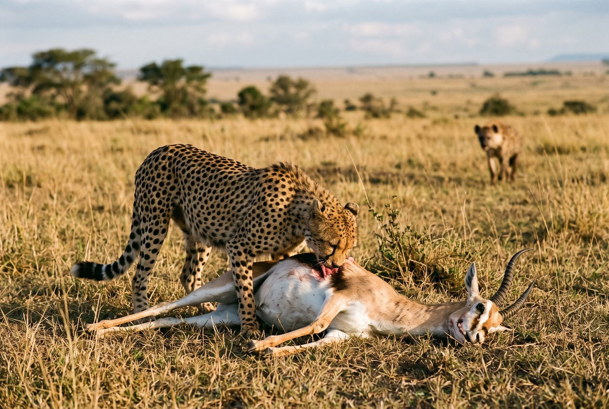 Cheetah feeding on a freshly killed antelope while a spotted hyena approaches behind