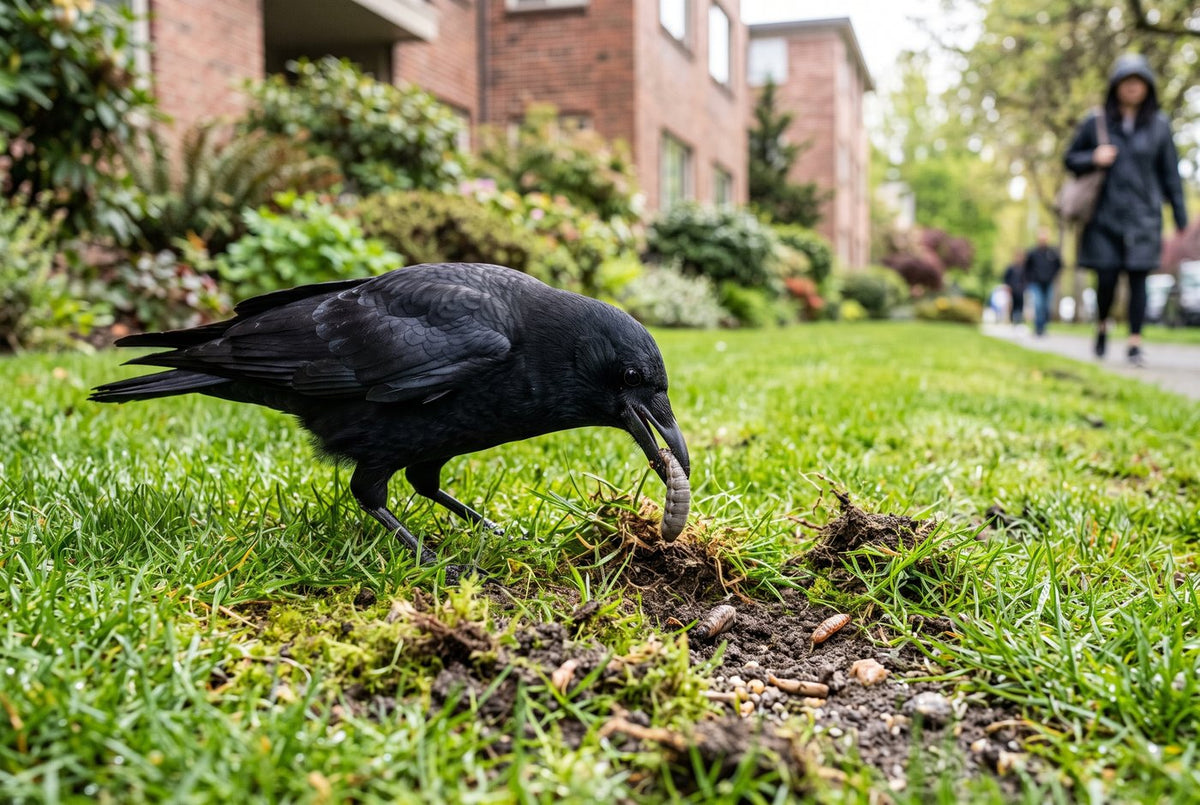American crow pulling a fat larva from torn turf on a residential lawn