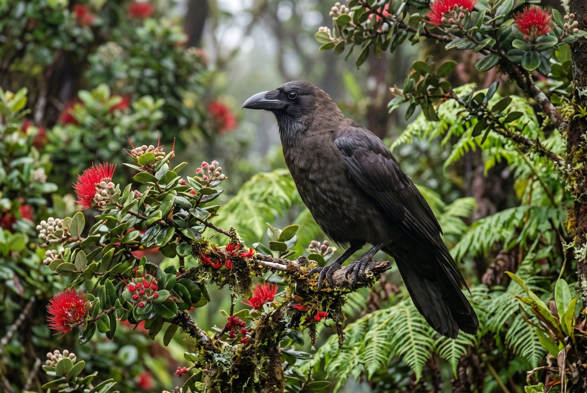 ʻalalā or Hawaiian crow perched on a mossy branch among red forest blossoms