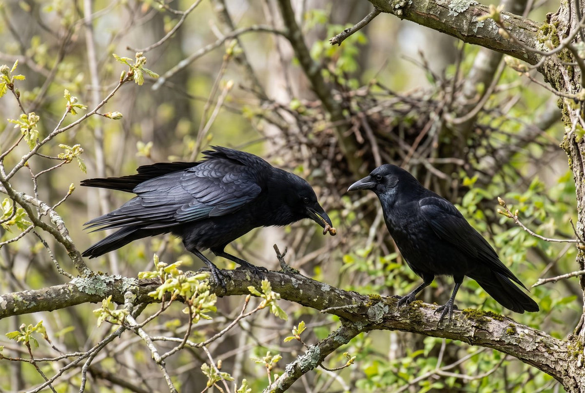 American crow bowing with ruffled feathers to offer a grub to its mate on a spring branch