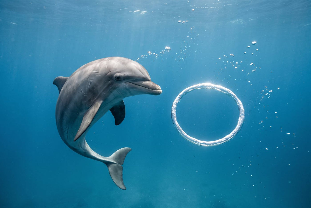 Bottlenose dolphin curving beside a perfect silver bubble ring in clear blue water