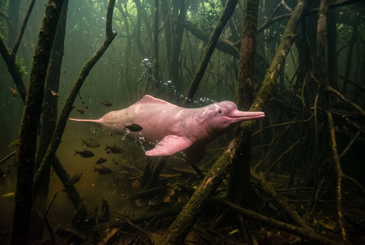 Pink Amazon river dolphin swimming between submerged trunks of a flooded forest with small fish