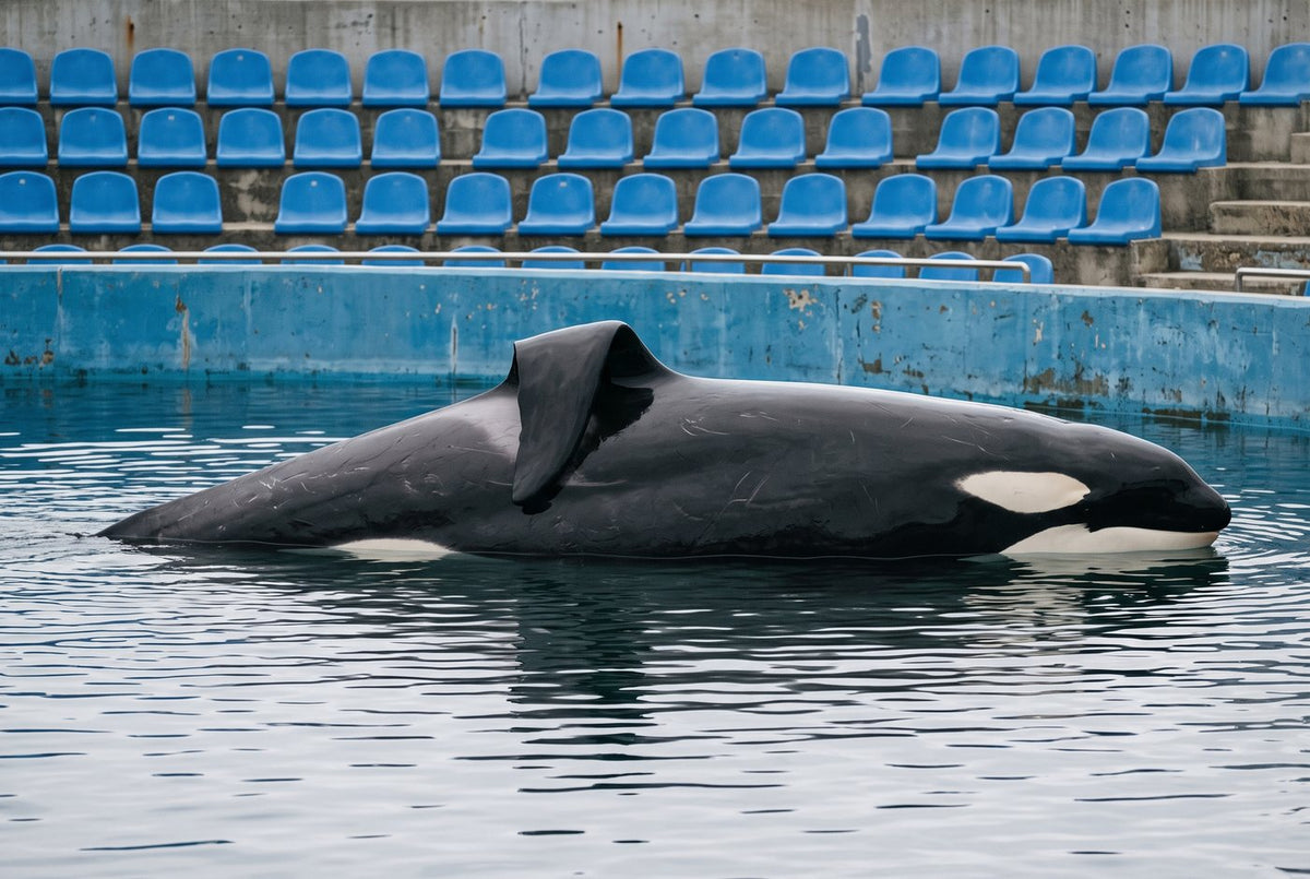 Orca in a concrete display tank, its tall dorsal fin collapsed sideways, empty blue seats behind