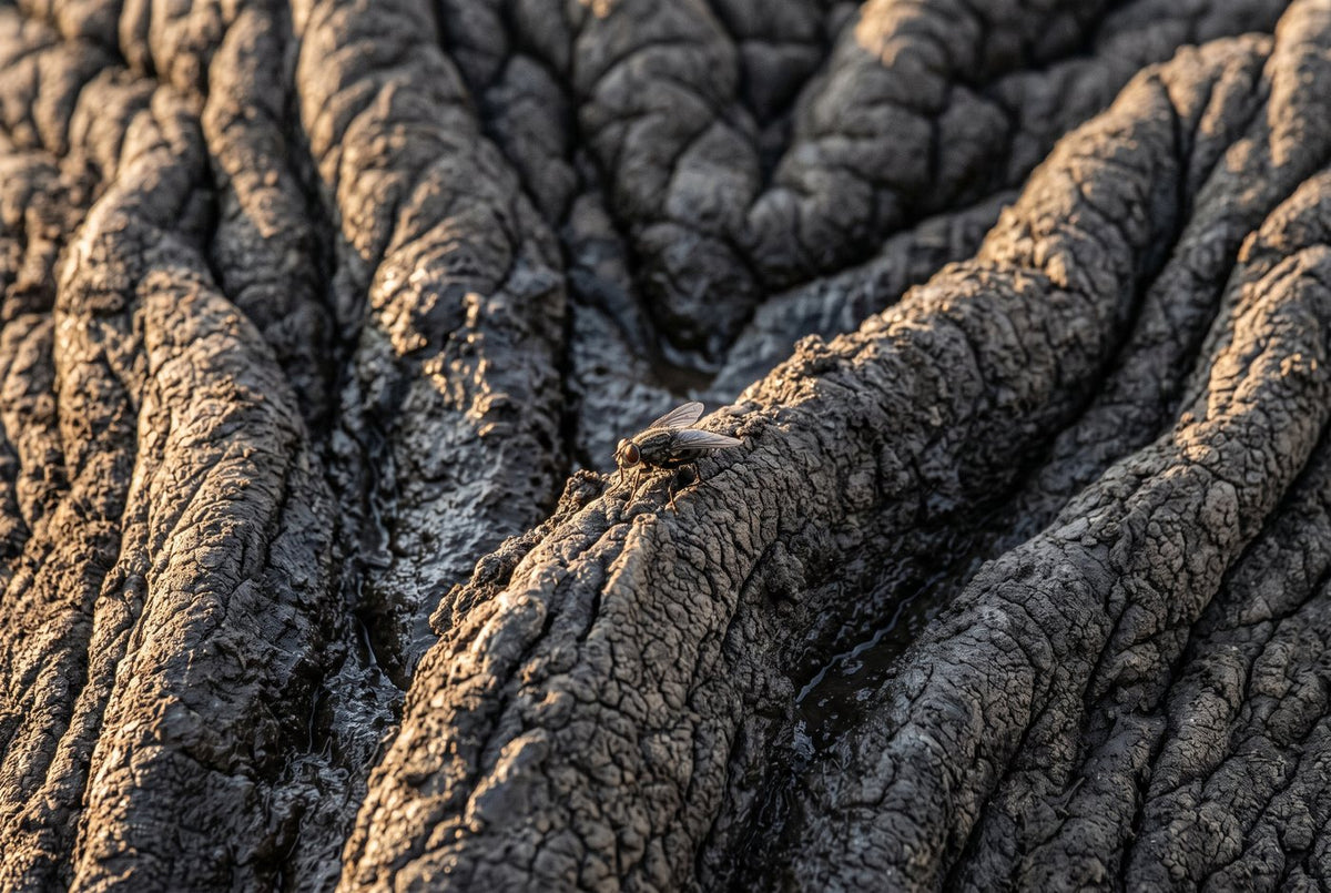 Macro of wrinkled African bush elephant skin with a single fly resting on a ridge