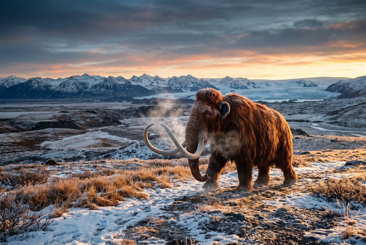 Woolly mammoth with curved tusks crossing frosty tundra below snowy mountains at dawn