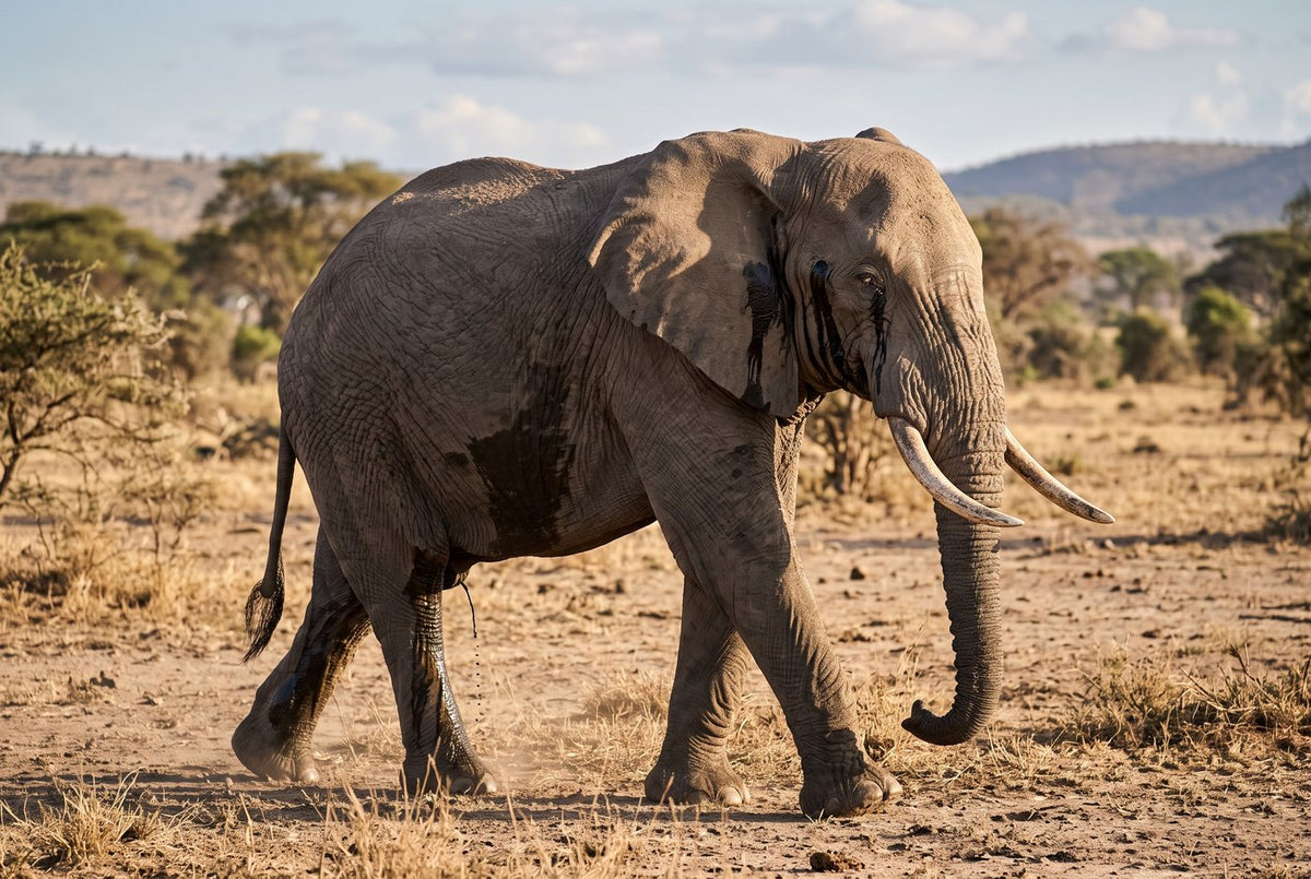 African bush elephant bull in musth, dark streaks below the eye, walking across dry savanna