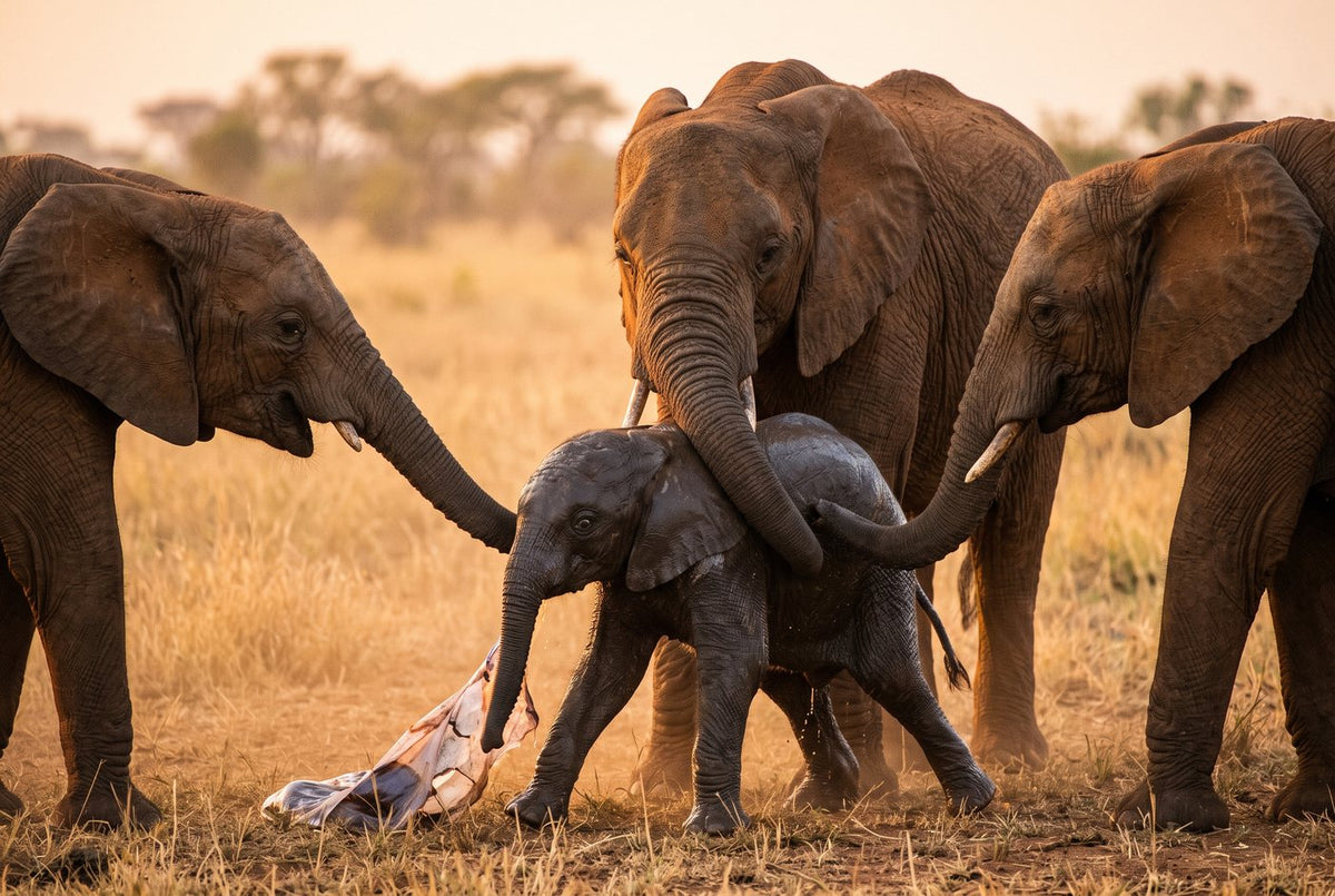 Newborn African bush elephant calf, still wet, steadied by the trunks of three adults