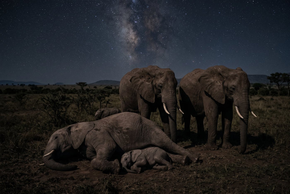 African bush elephants resting under a starry sky, two standing beside a sleeping calf