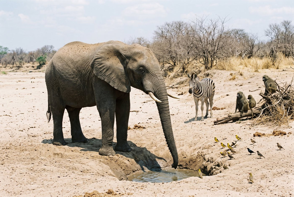 African bush elephant at a well dug in a dry riverbed, with a zebra, baboons and birds waiting