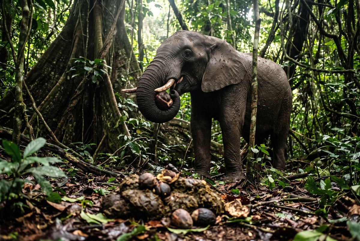 African forest elephant curling its trunk around a fallen fruit in dense Congo rainforest