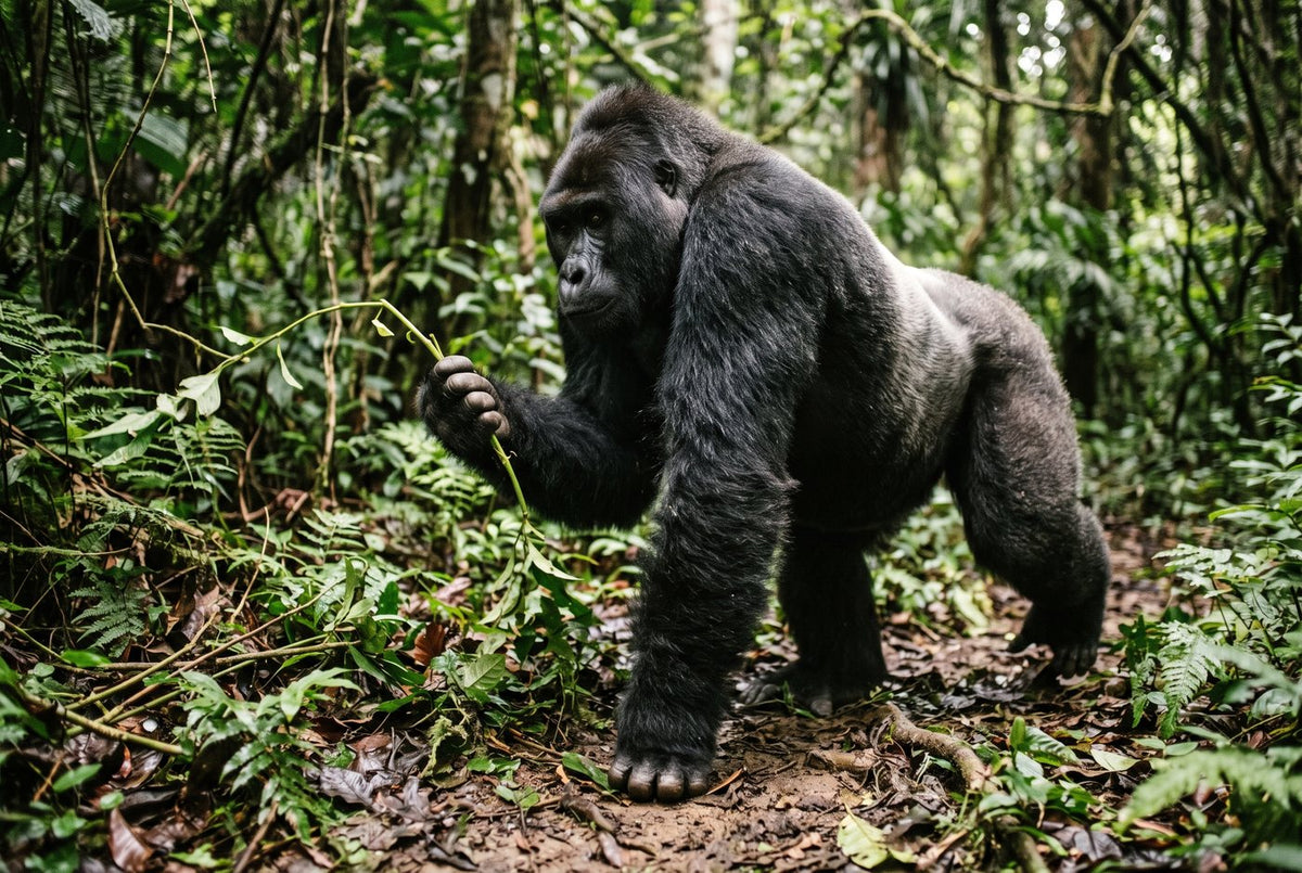 Western lowland gorilla knuckle-walking through forest undergrowth, a leafy stem in one hand