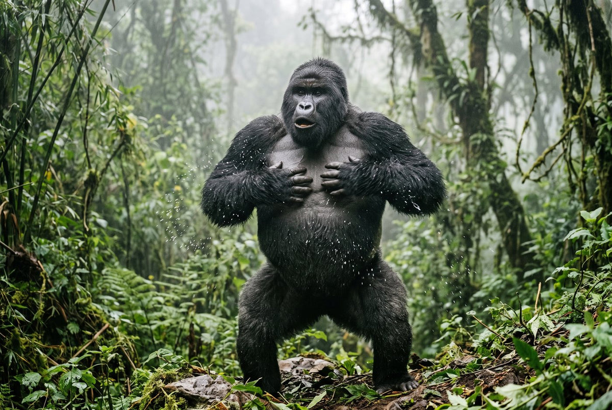 Adult male mountain gorilla standing upright to beat his chest in misty forest, water spraying