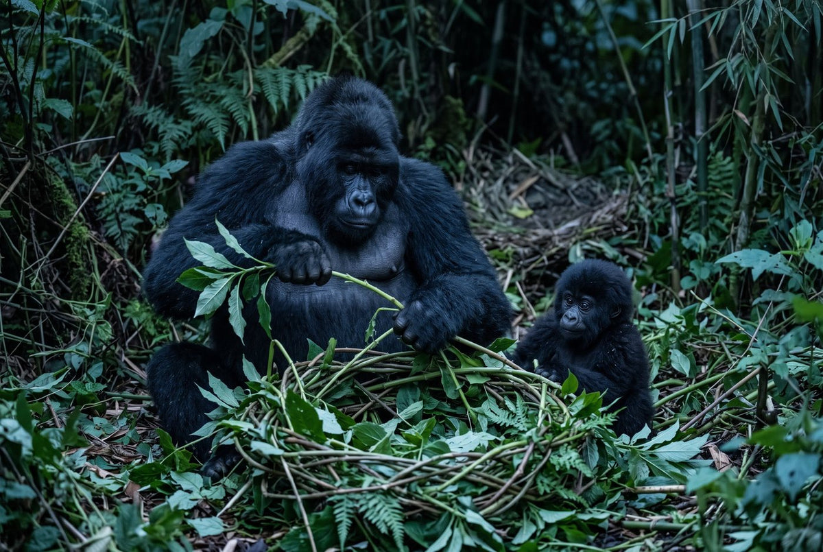 Mountain gorilla bending leafy stems into a ground nest at dusk while an infant watches beside her