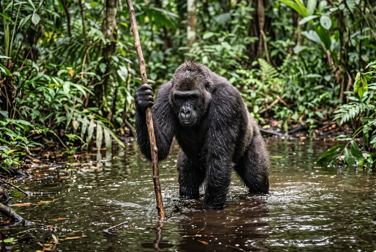 Western lowland gorilla wading into a forest pool, gripping a long branch planted in the water
