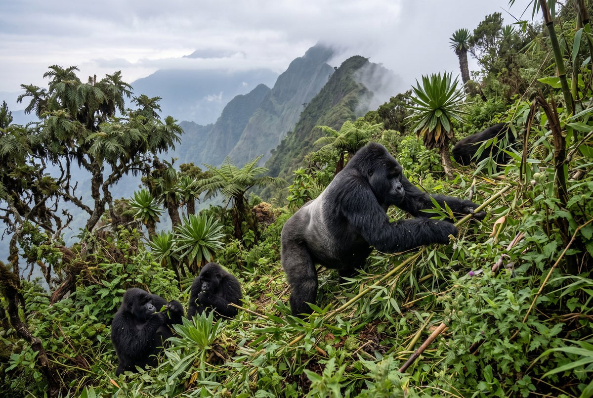 Mountain gorilla silverback pulling bamboo on a steep misty Virunga slope as family members feed